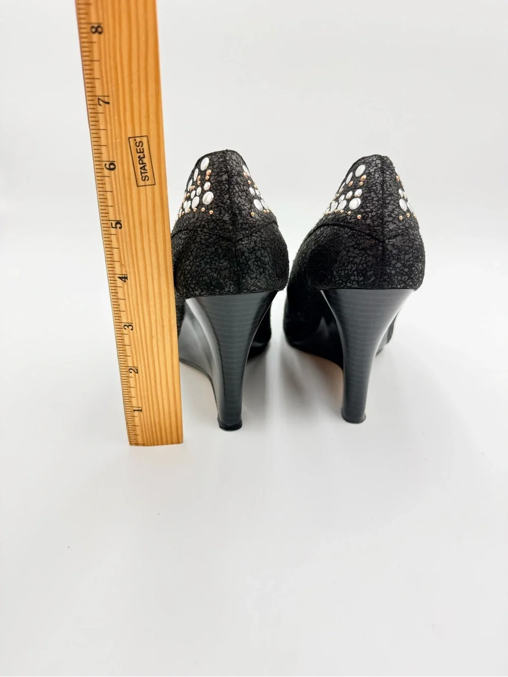 Anne Michelle Black Jeweled Wedge Pumps